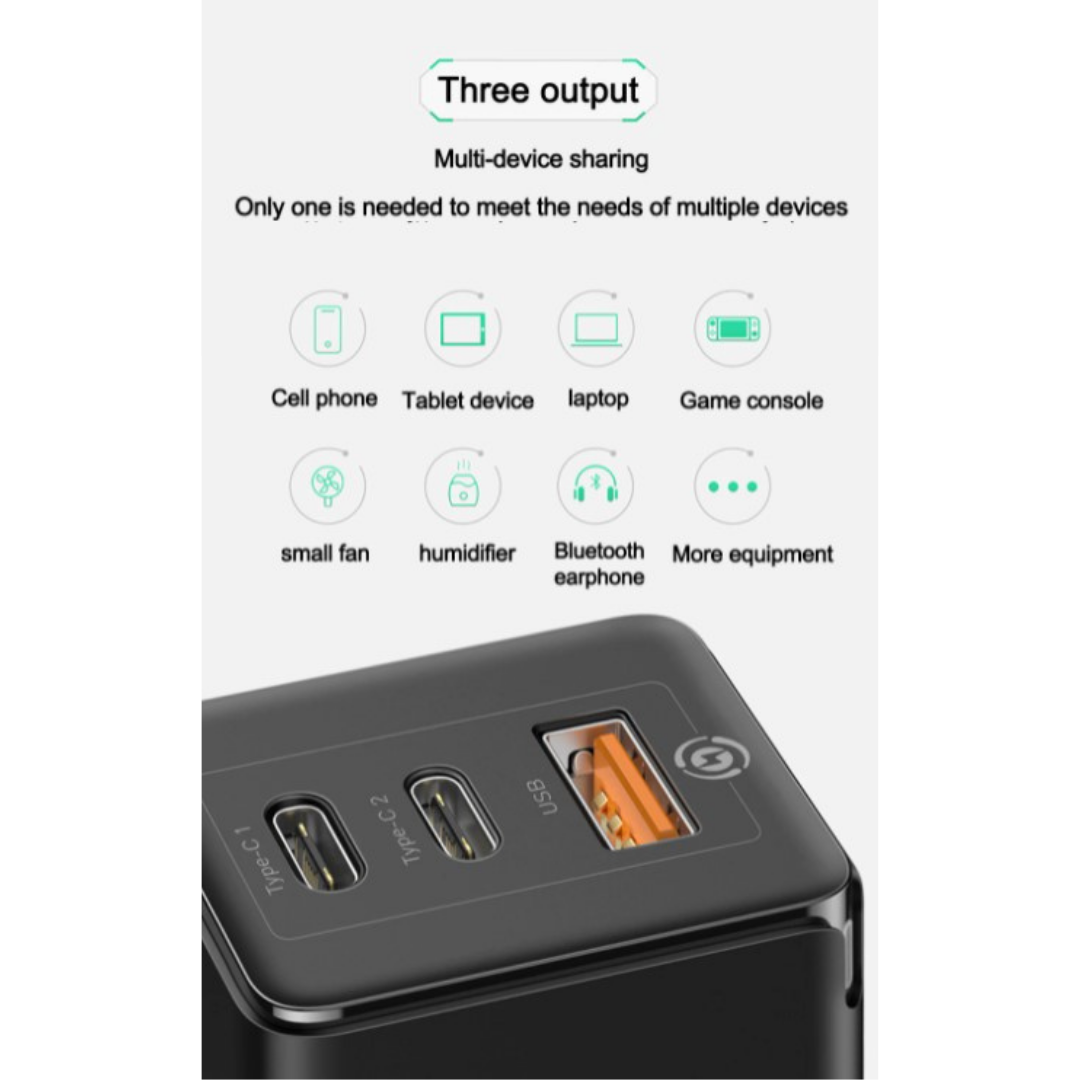 Cargador Rápido 65W 3 Puertos GaN